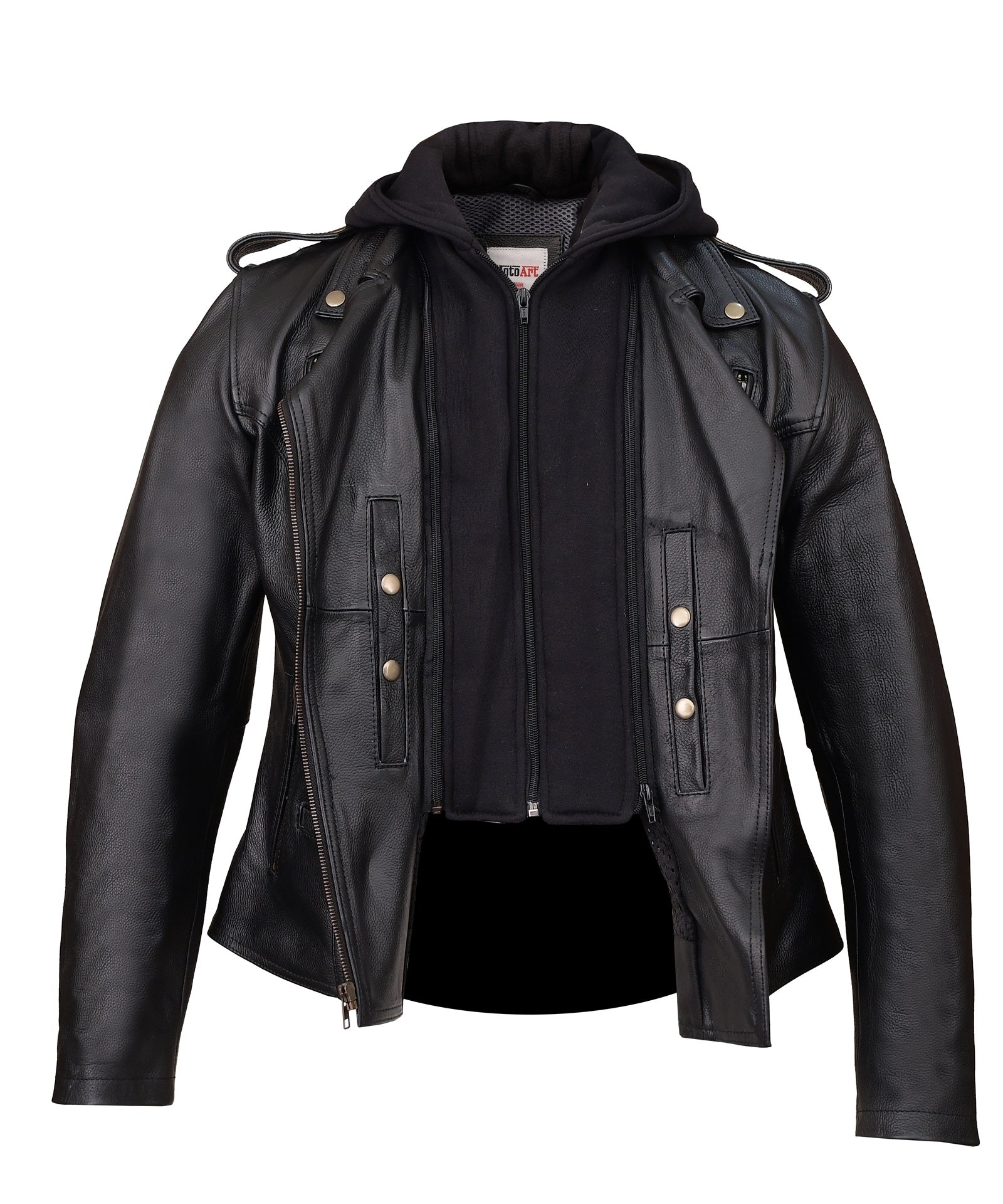 FAD Women Black Tara Hooded and Vented Motorcycle Biker Leather Jacket