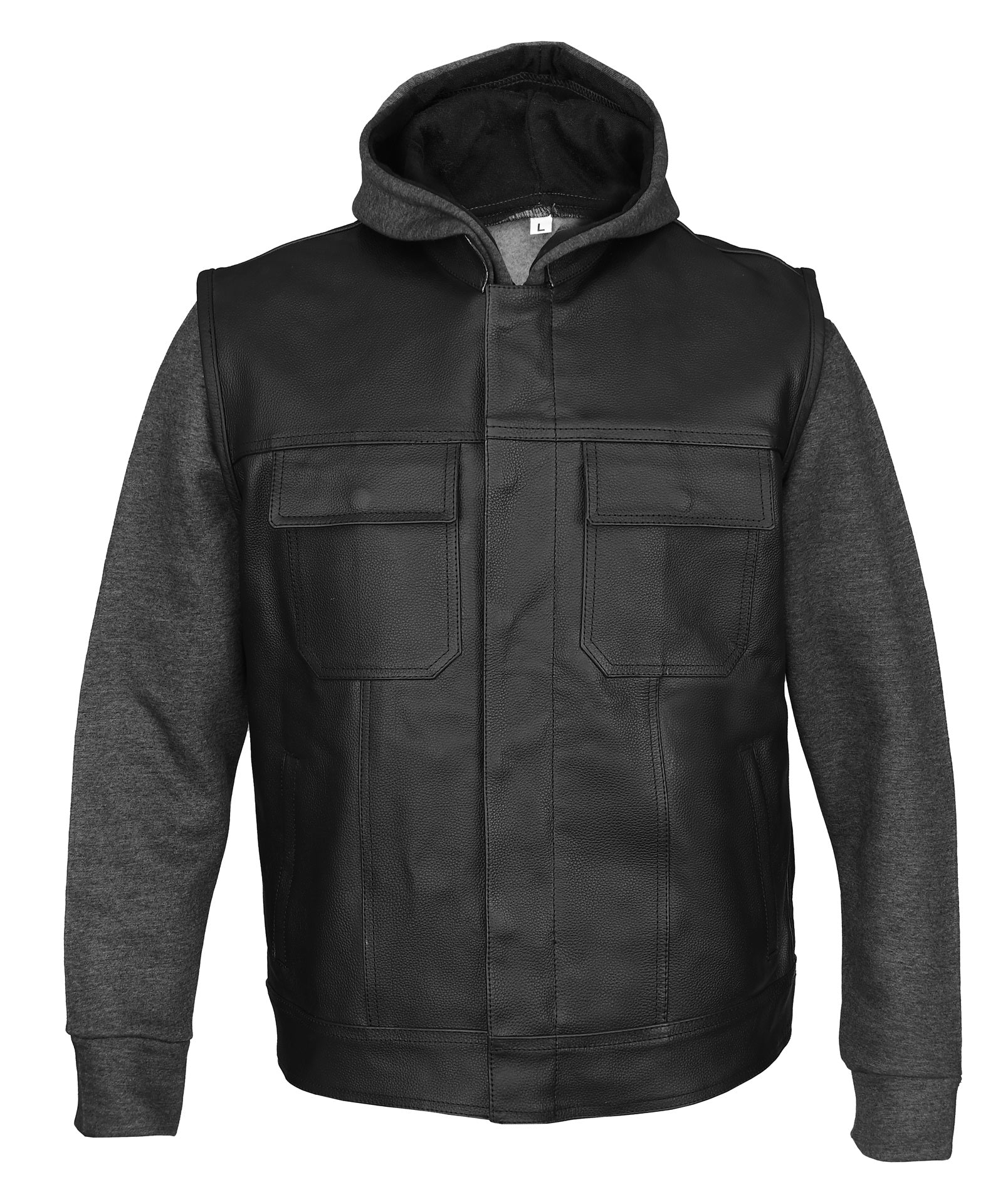 FAD Mens Juice Black Leather Motorcycle Hoodie Jacket with Convertible Vest