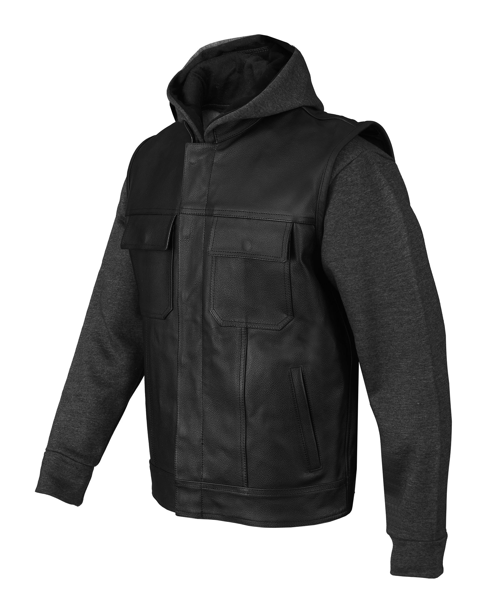 FAD Mens Juice Black Leather Motorcycle Hoodie Jacket with Convertible Vest