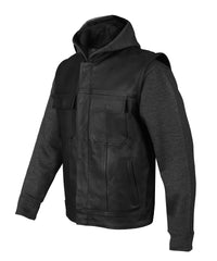 FAD Mens Juice Black Leather Motorcycle Hoodie Jacket with Convertible Vest