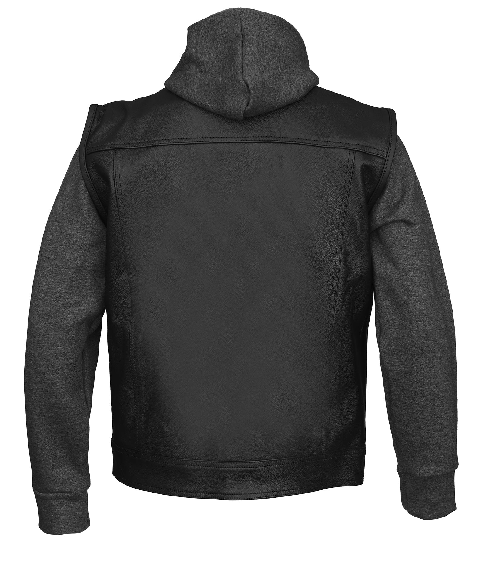 FAD Mens Juice Black Leather Motorcycle Hoodie Jacket with Convertible Vest