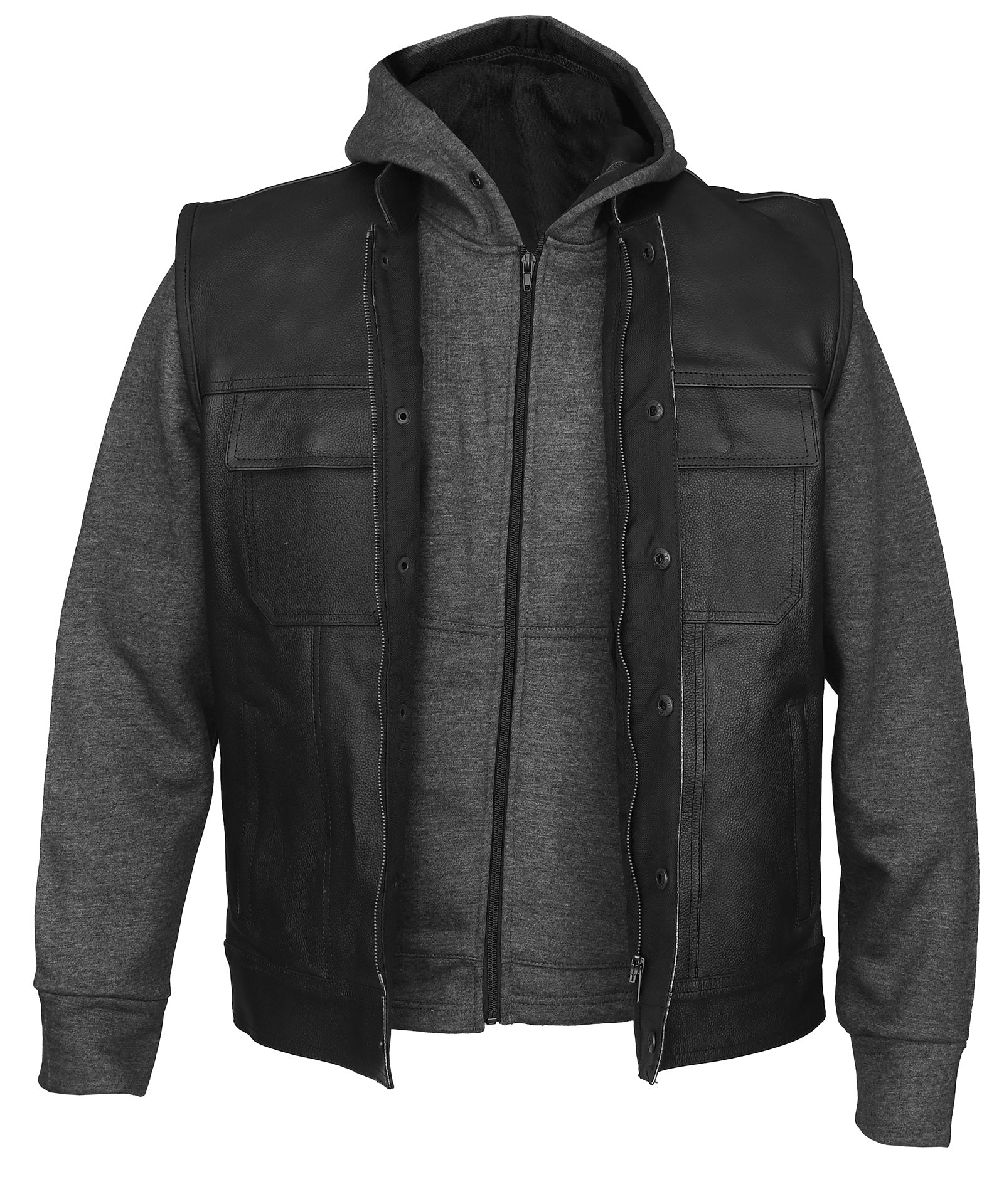 FAD Mens Juice Black Leather Motorcycle Hoodie Jacket with Convertible Vest