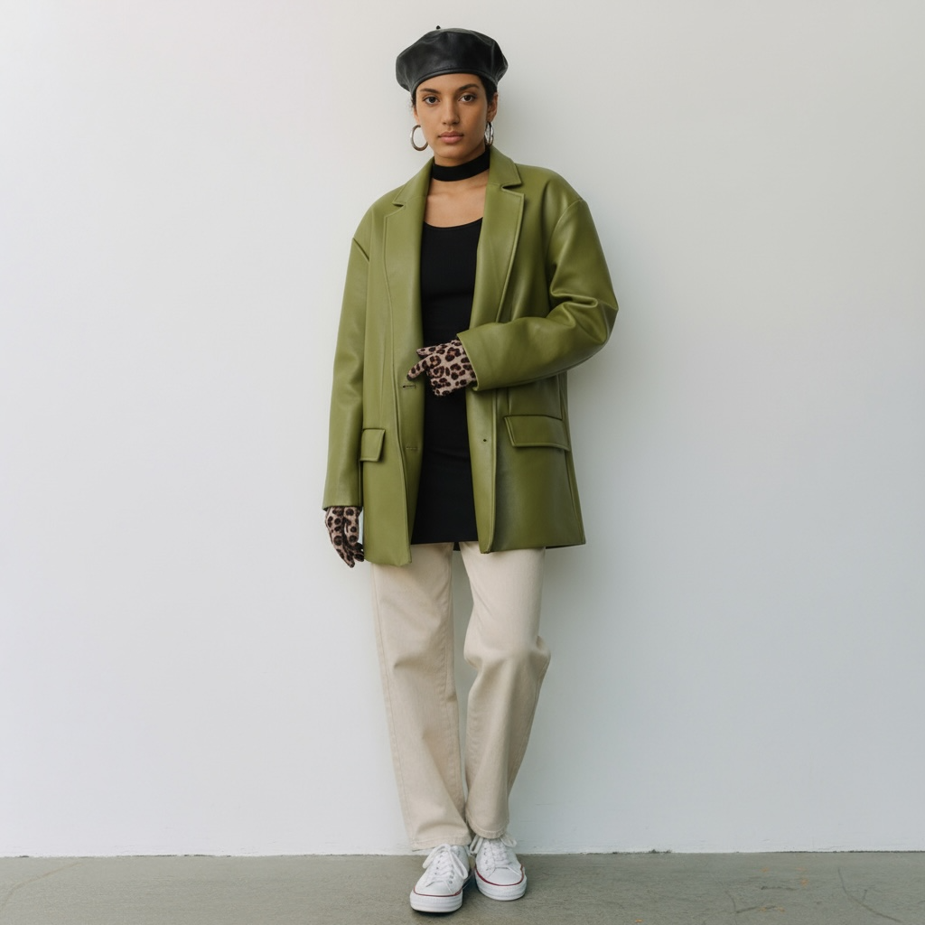 Serena Women 2 Button Green Leather Coat