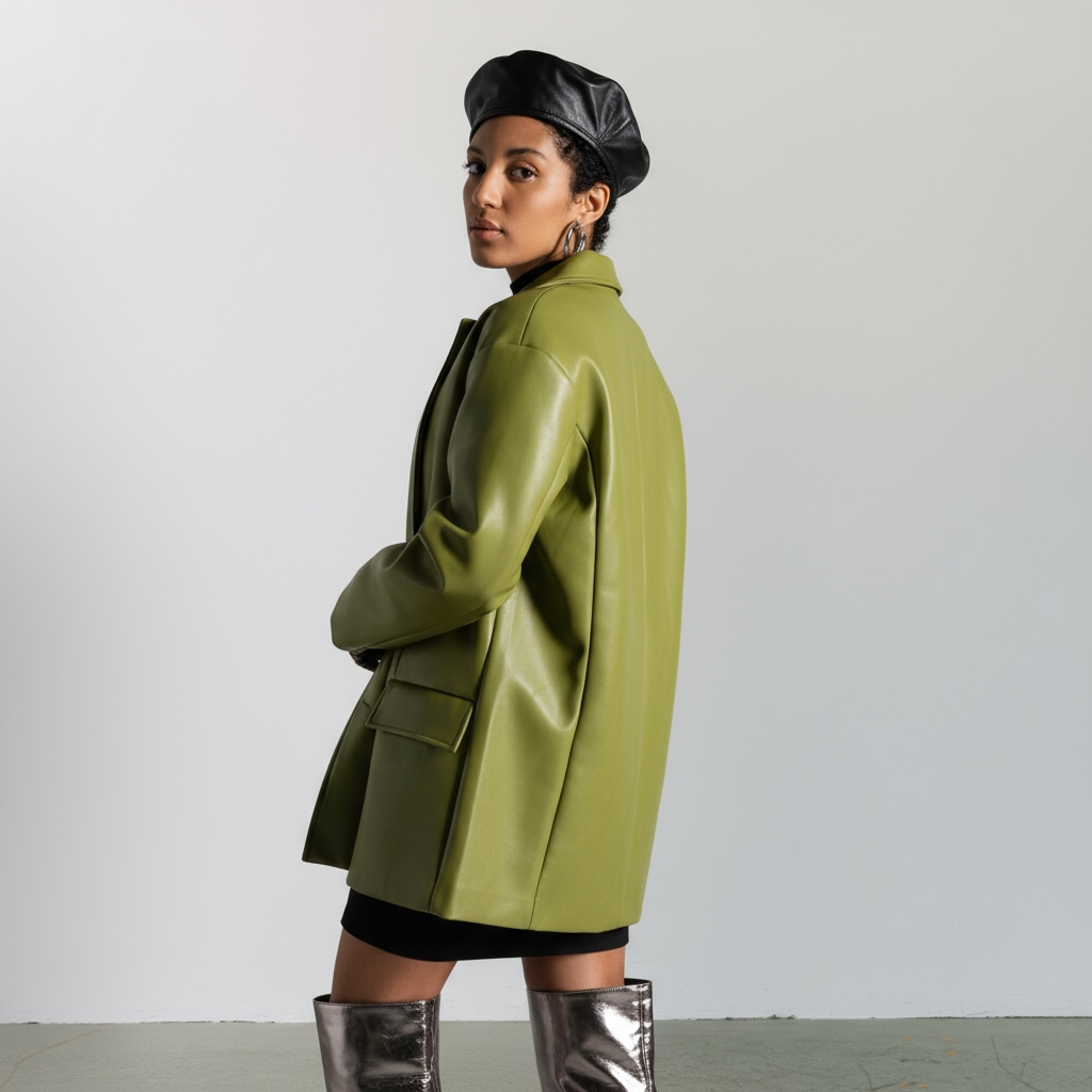 Serena Women 2 Button Green Leather Coat