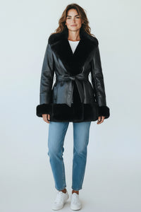 Women Black Peplum Cropped Lambskin Leather Jacket Coat with Fur Trim