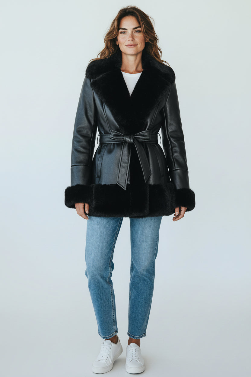 Women Black Peplum Cropped Lambskin Leather Jacket Coat with Fur Trim