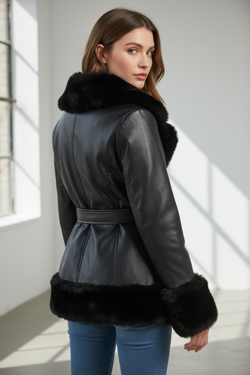 Women Black Peplum Cropped Lambskin Leather Jacket Coat with Fur Trim