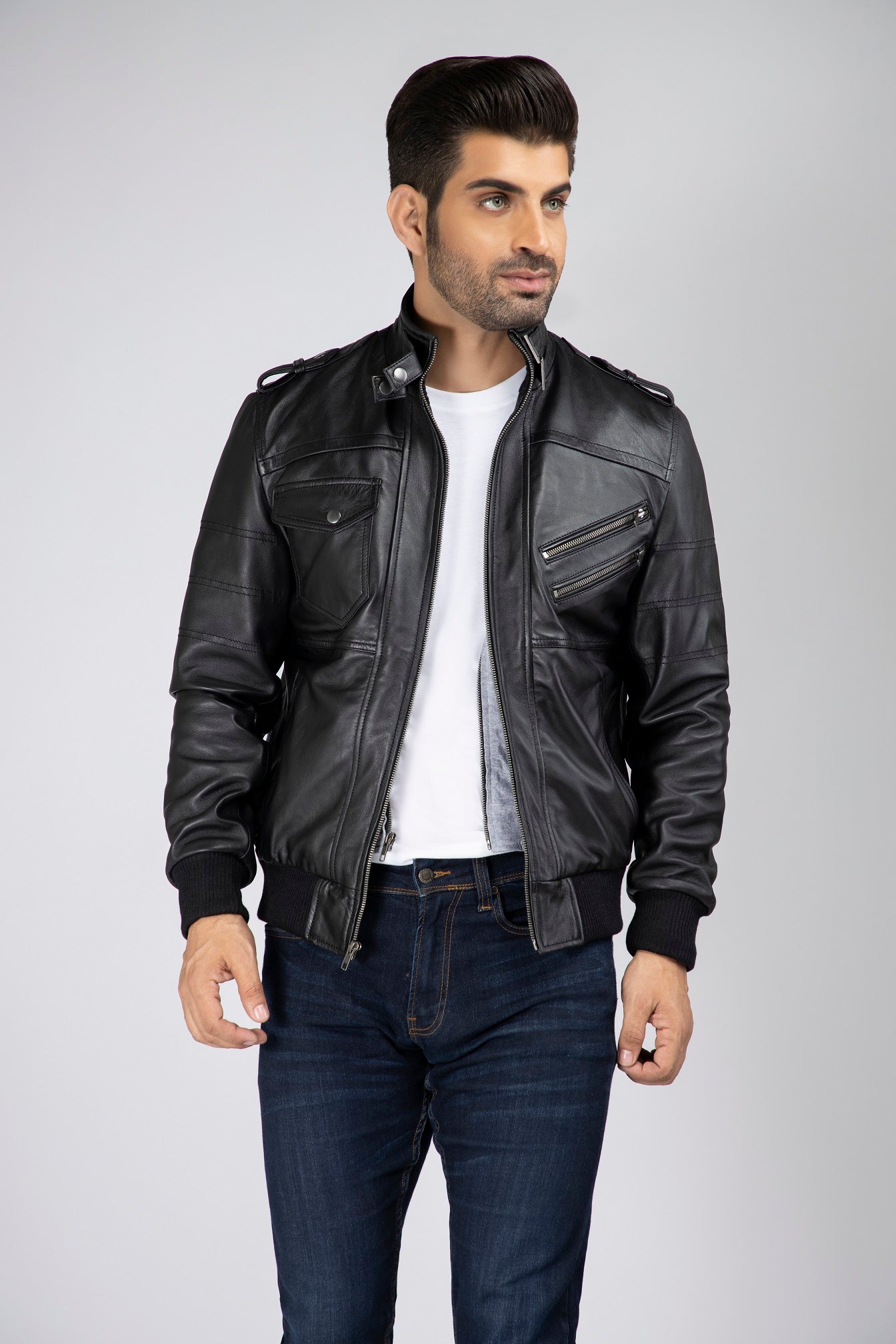 Mens Aace Genuine Leather Hooded Bomber Jacket with Removable Hoodie