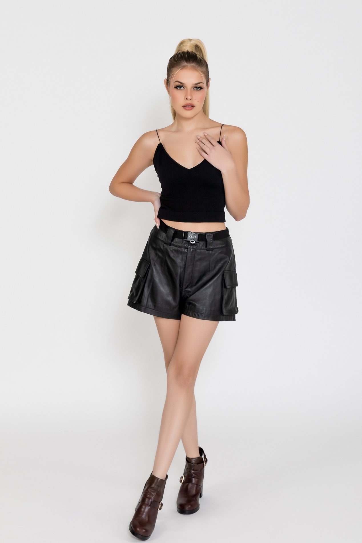 Fadcloset Women's Fashion Dual Pocket Self Waist Utility Black Leather Shorts