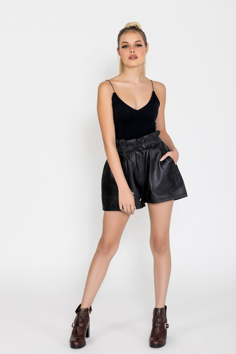 Fadcloset Women's Fashion High Waisted Elastic Wide Leg Black Leather Shorts