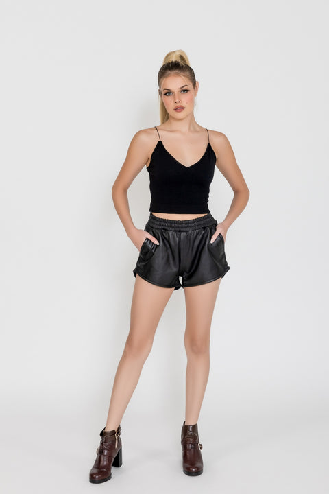 Fadcloset Women's Fashion High Waist Black Leather Shorts
