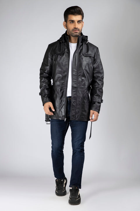 Mens Zak Front Button and Zippered Hooded Leather Coat
