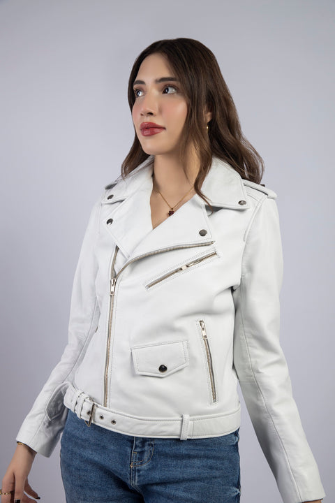 Women Fashion White Leather Jacket , Lambskin Biker Jacket for Womens