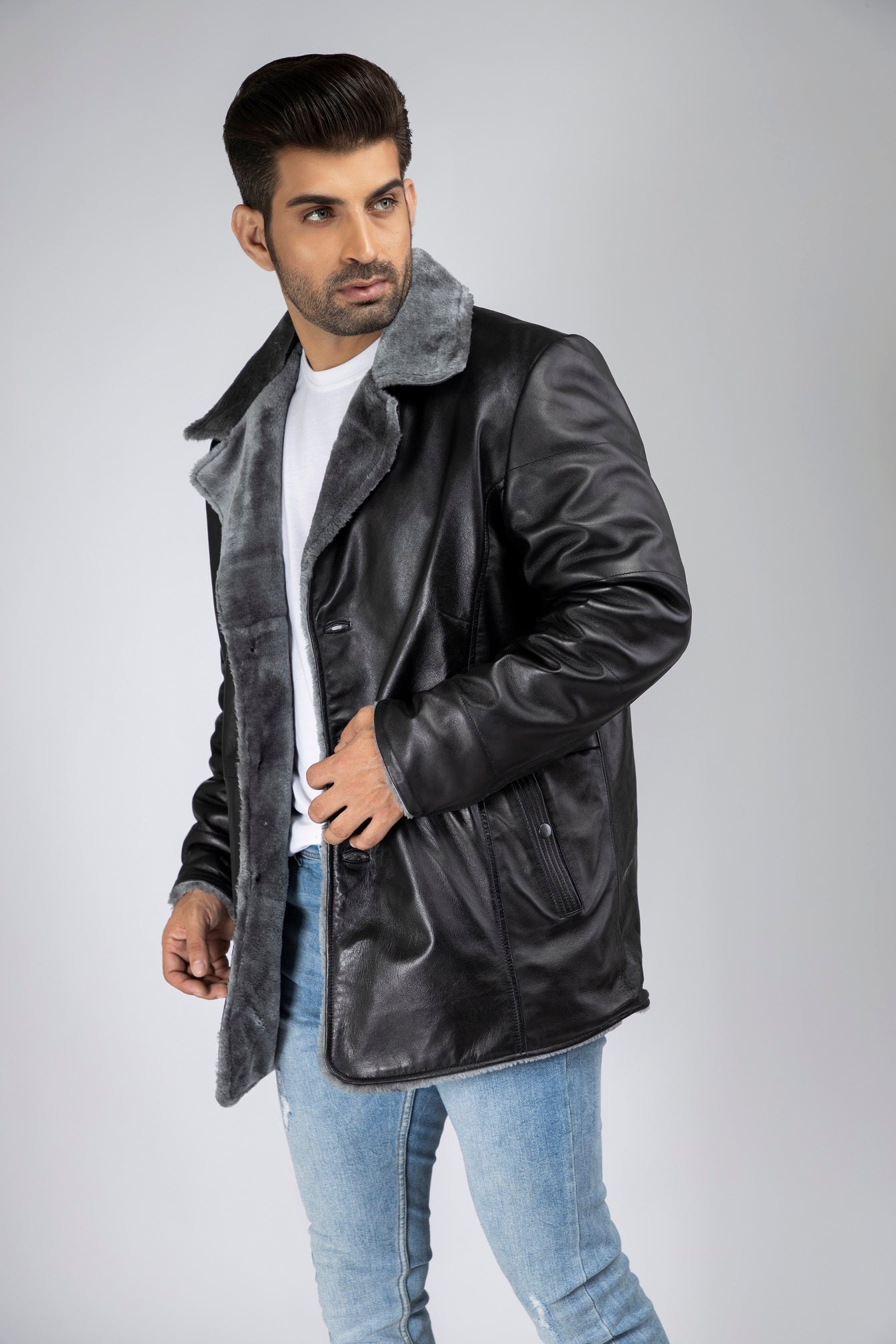 Mens leather coat hot sale with fur lining