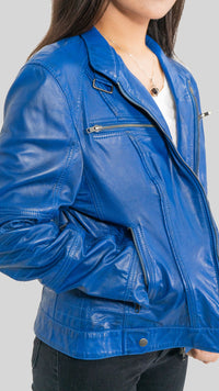 Ladies Elektra Washed Leather Jacket Blue, [option2] - Fadcloset