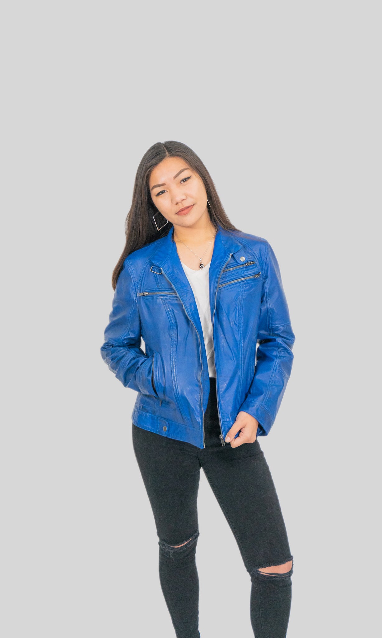 Ladies Elektra Washed Leather Jacket Blue, [option2] - Fadcloset