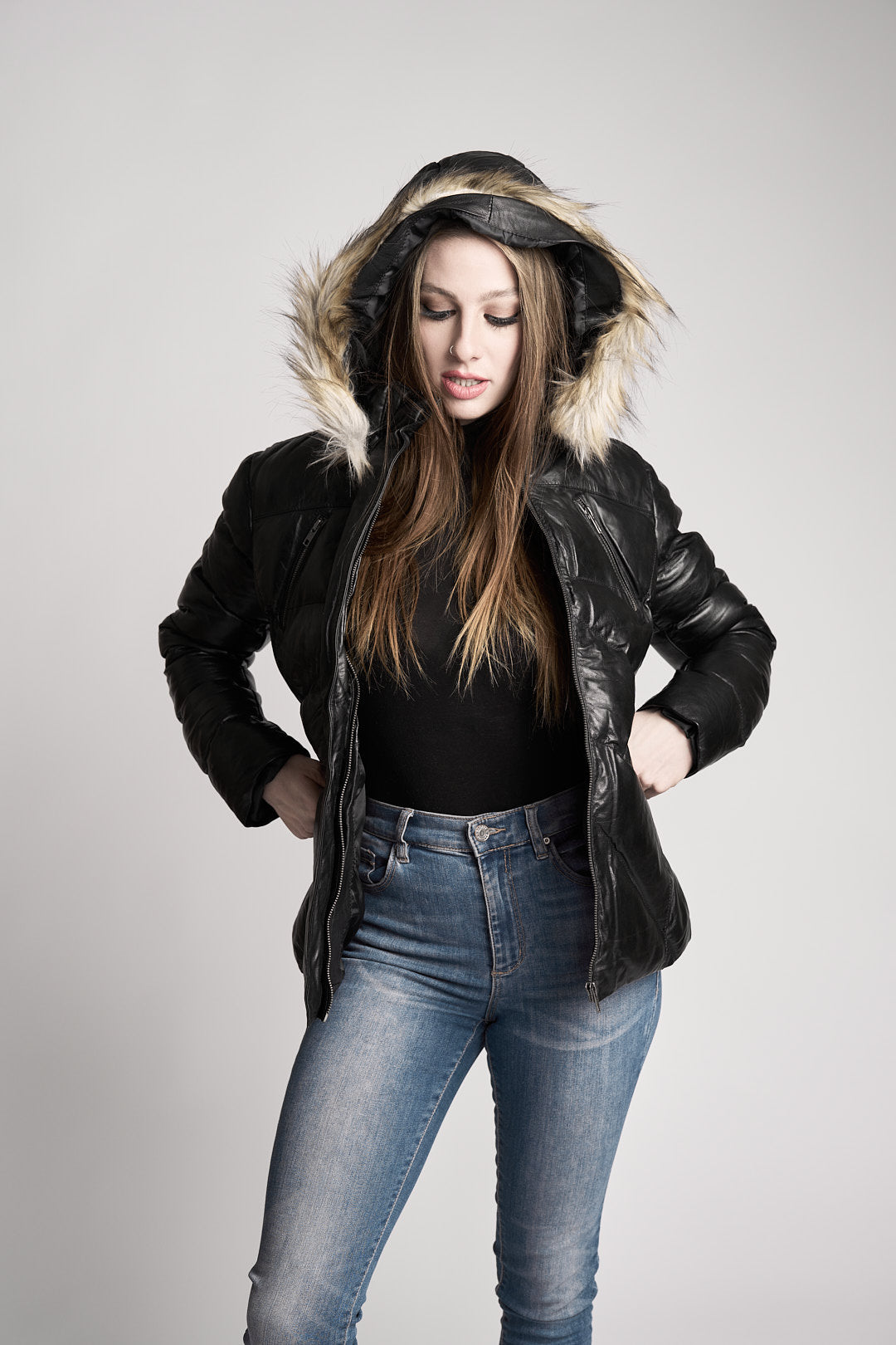 Womens Winter Down Leather Jacket Black – FAD