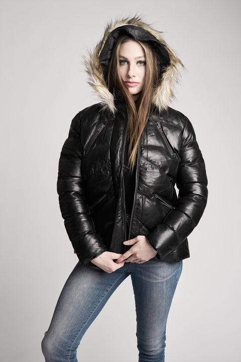 Women's Jacky Black Puffer Winter Down Leather Jacket with Fur