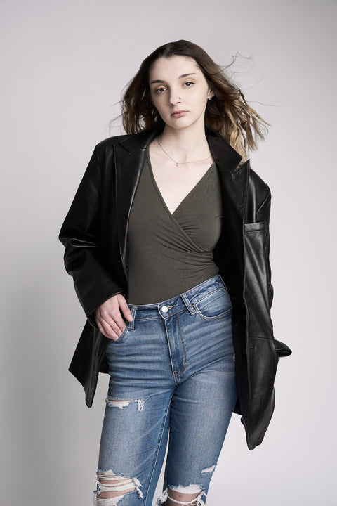 Women's Oversized Lambskin Black Leather 2 Button Blazer