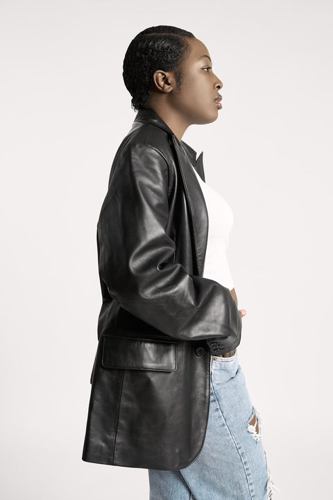 Women's Oversized Lambskin Black Leather 2 Button Blazer – FAD