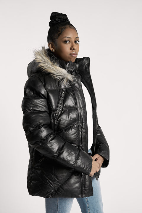 Women's Jacky Black Puffer Winter Down Leather Jacket with Fur
