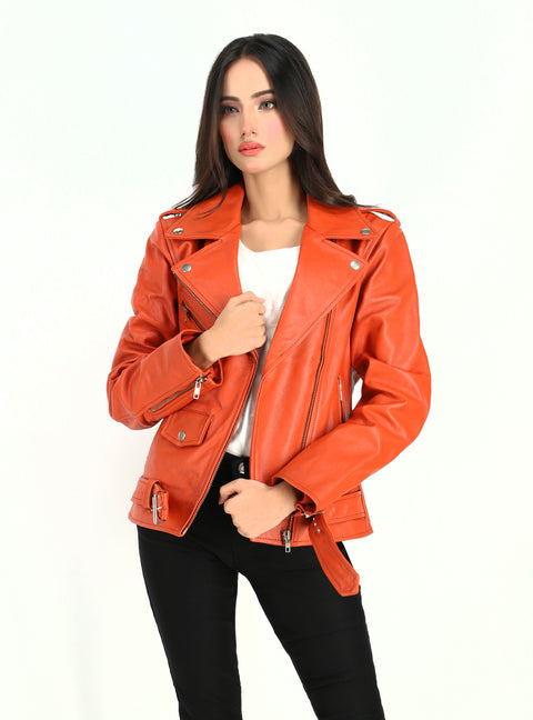 Women's  Moto Style Cowhide Orange Leather Jacket