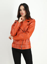 Women's  Moto Style Cowhide Orange Leather Jacket