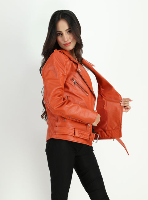 Women's  Moto Style Cowhide Orange Leather Jacket