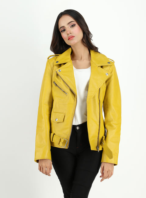 Women's  Moto Style Cowhide Yellow Leather Jacket