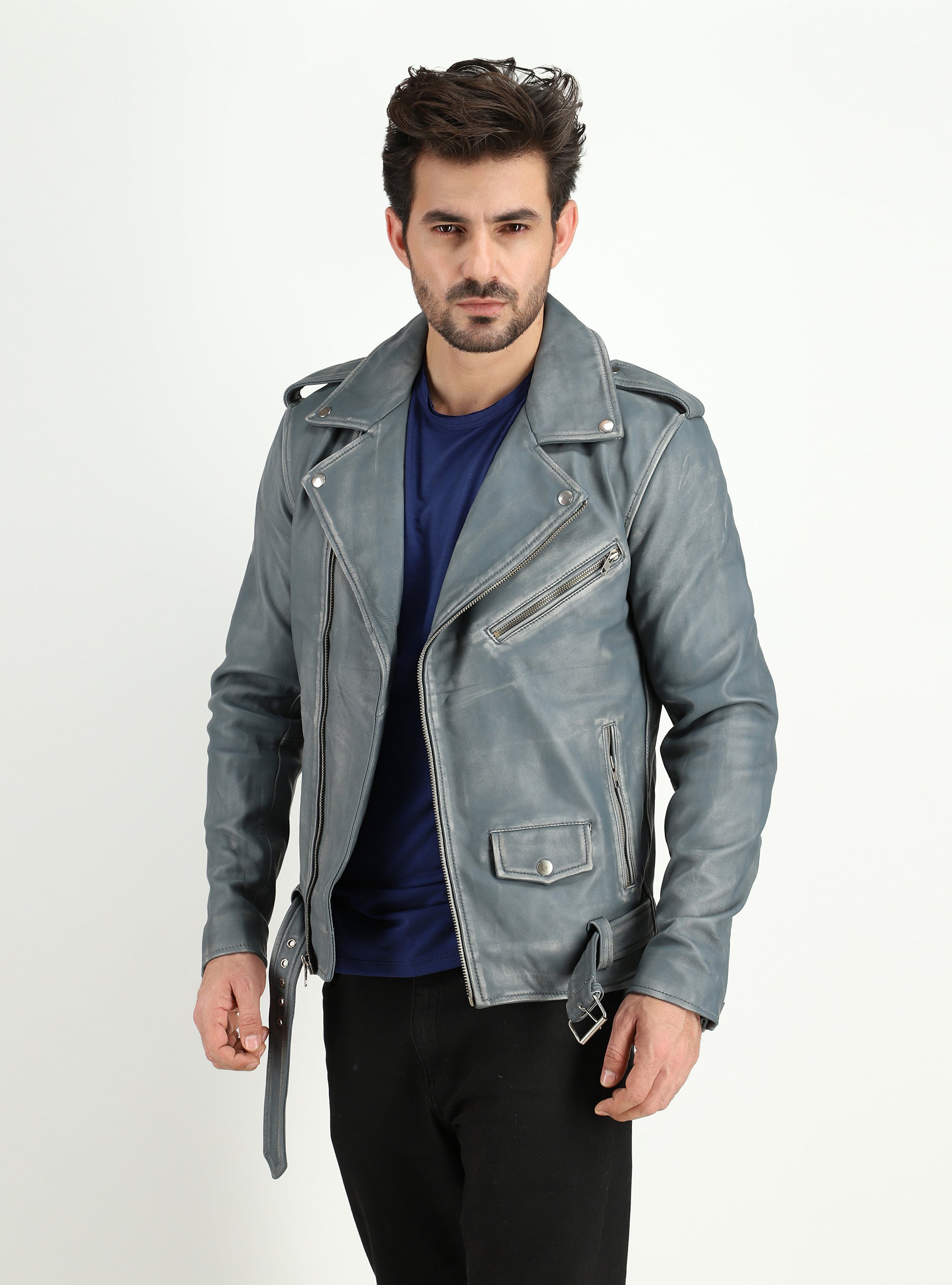 Men's Cowhide Dual Tone Gray Motorcycle Style Leather Jacket – FAD