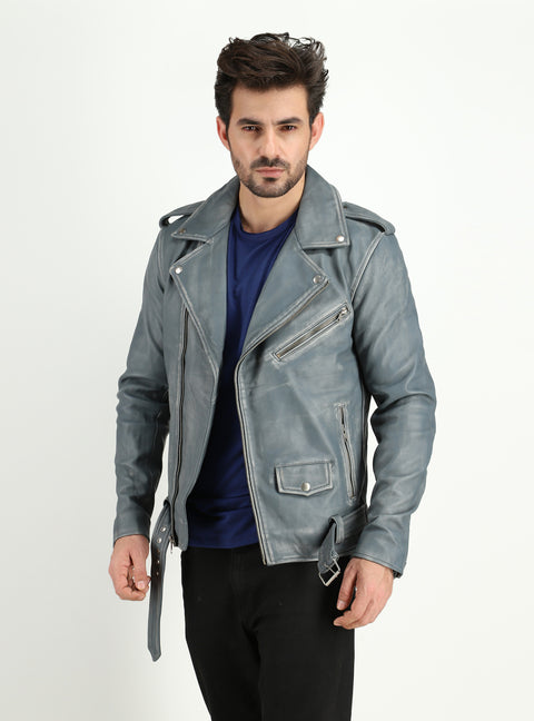 Men's Cowhide Dual Tone Gray Motorcycle Style Leather Jacket