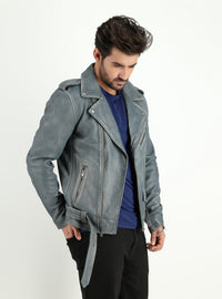 Men's Cowhide Dual Tone Gray Motorcycle Style Leather Jacket