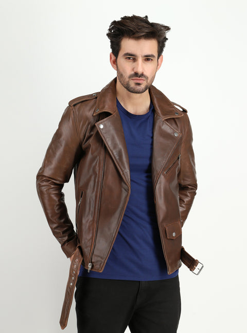 Men's Cowhide Dual Tone Brown Motorcycle Style Leather Jacket