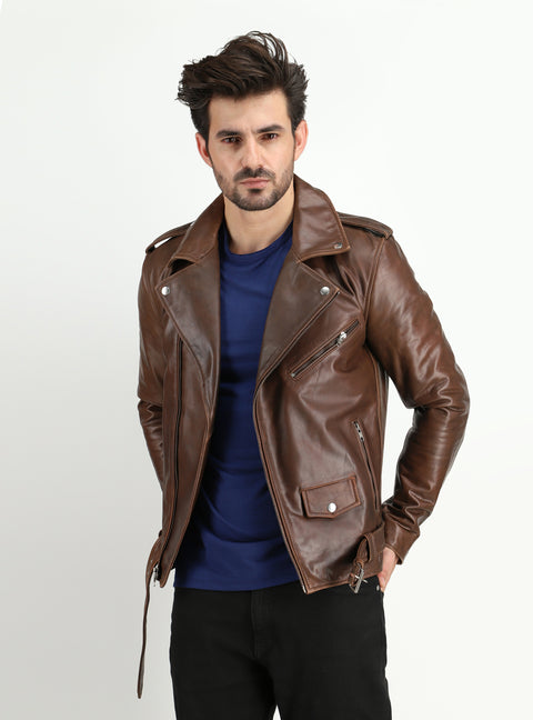 Men's Cowhide Dual Tone Brown Motorcycle Style Leather Jacket