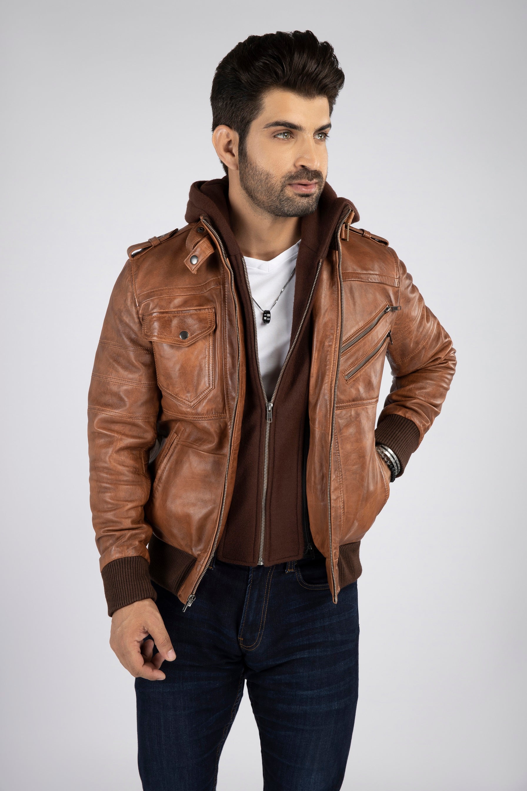 Brown Leather Jacket With Hoodie