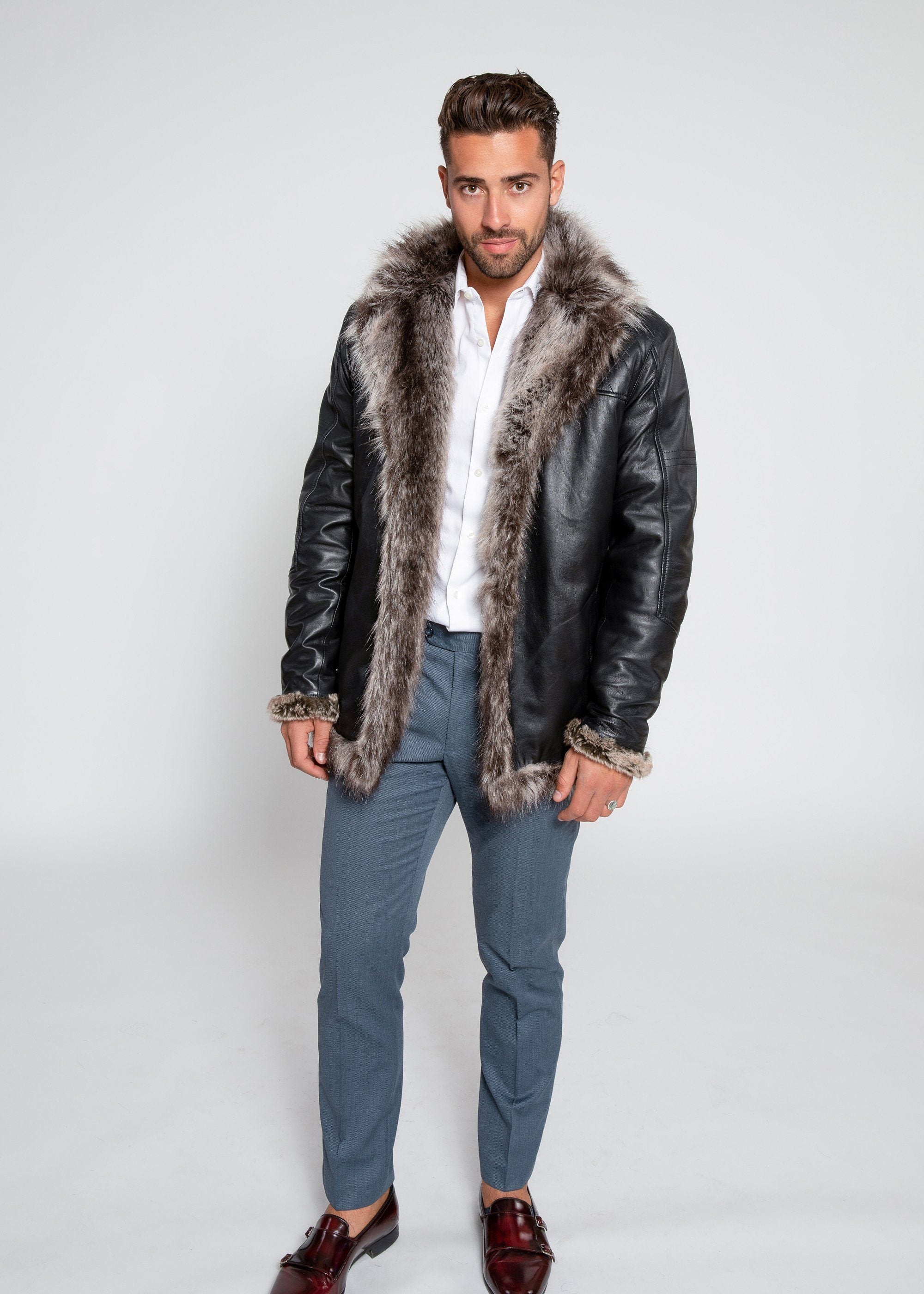 Leather Coat - Men's Jayden Shearling Faux Fur Leather Jacket