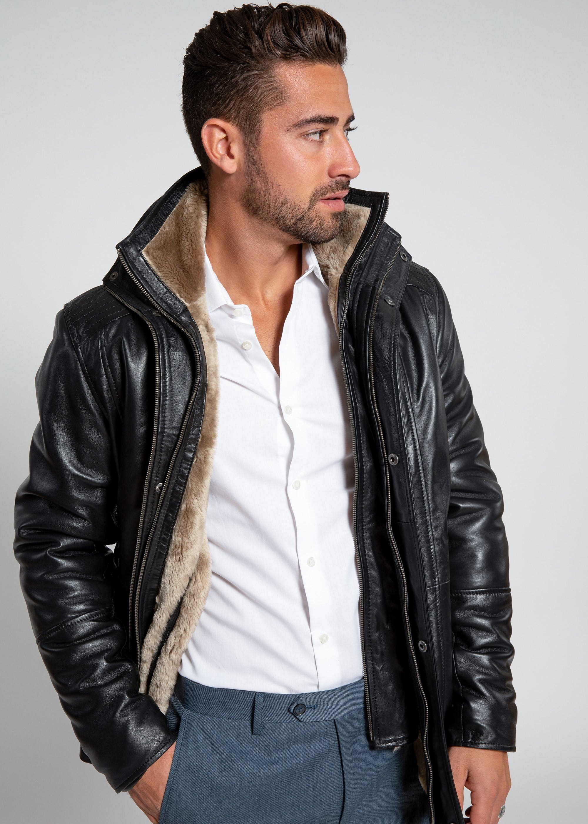 Mens leather coat with fur outlet lining