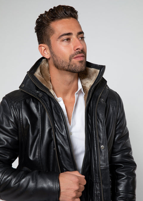Leather Coat - Men's Tiberius Premium Lambskin Leather Coat With Fur