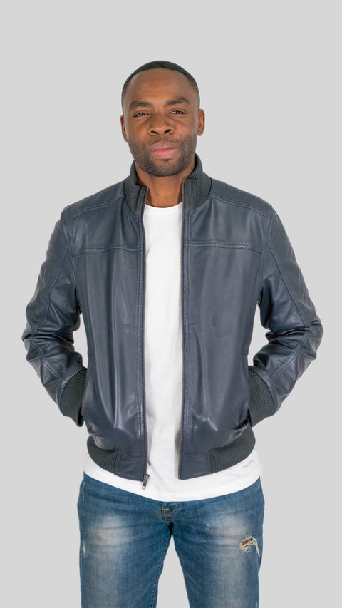 Leather Jacket - Ceduna Mens Leather Bomber Jacket Blue