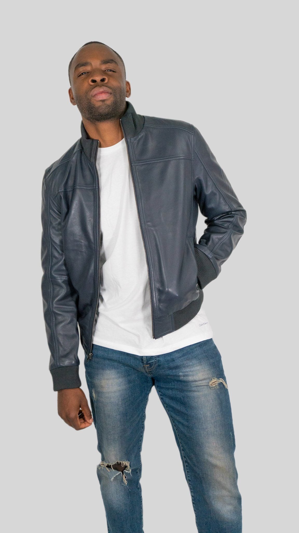 Leather Jacket - Ceduna Mens Leather Bomber Jacket Blue
