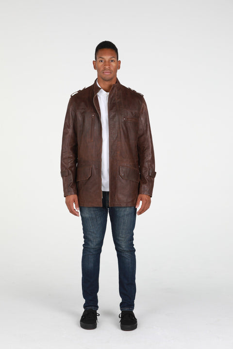 Leather Jacket - Etna Mens 3/4 Length Vintage Leather Coat Antique