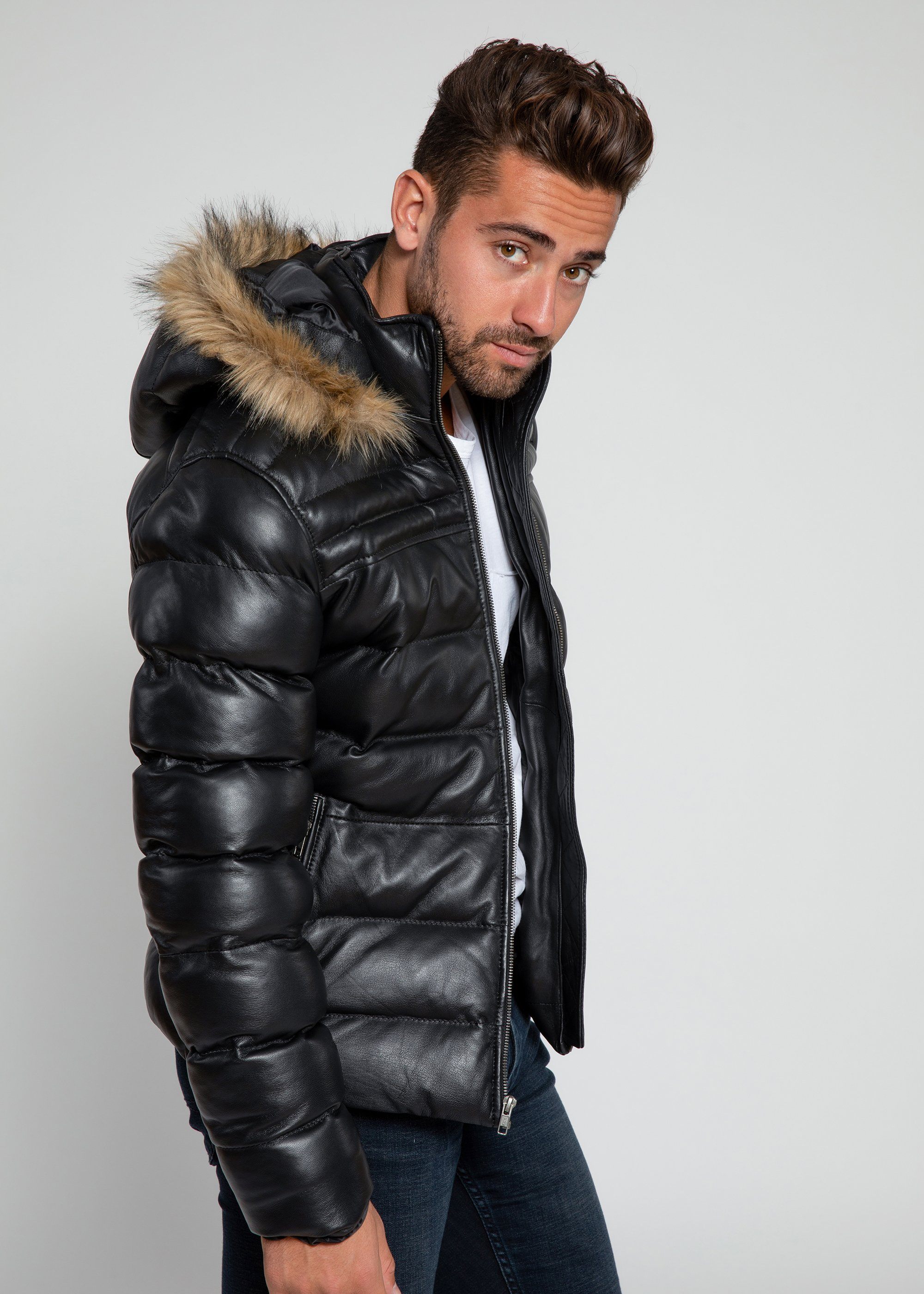 Leather Jacket - Men's Crimson Black Puffer Winter Down Leather Jacket With Fur
