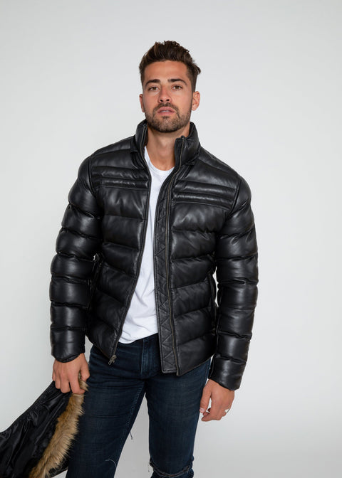 Leather Jacket - Men's Crimson Black Puffer Winter Down Leather Jacket With Fur