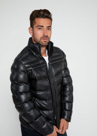 Leather Jacket - Men's Crimson Black Puffer Winter Down Leather Jacket With Fur
