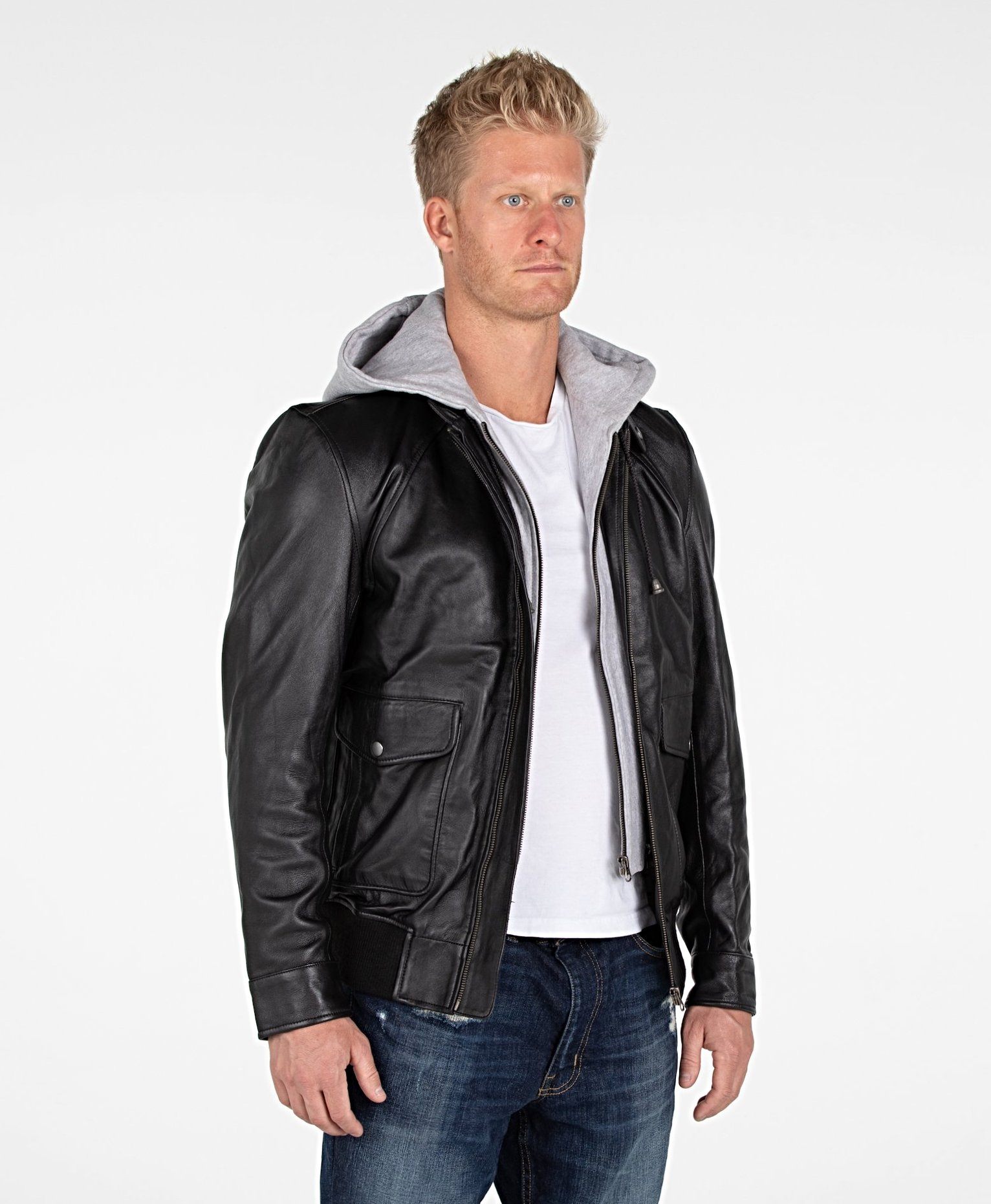Leather Jacket - Men's Lambskin Hooded Leather Bomber Jacket - Clearance