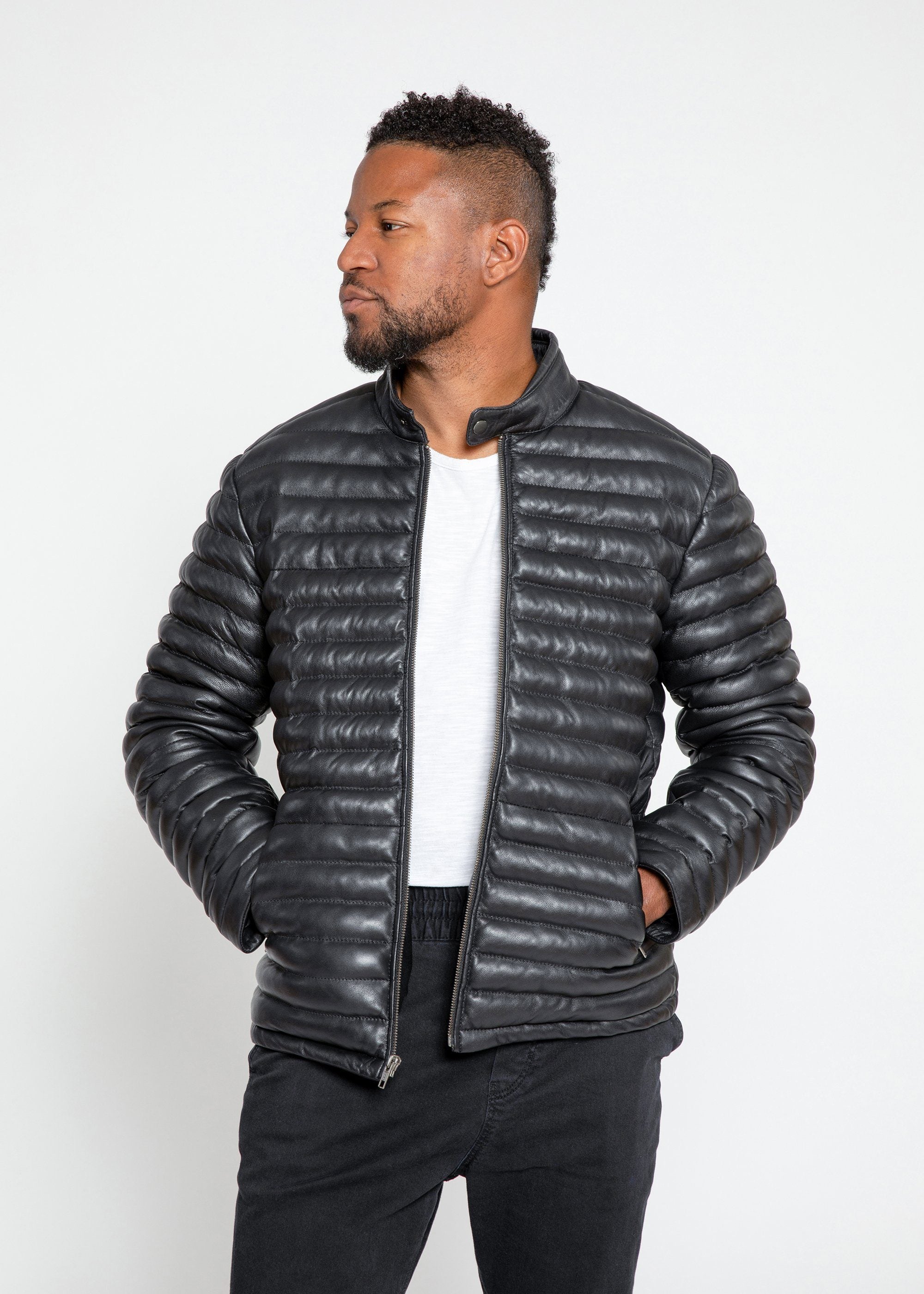 Leather Jacket - Men's Ultima Puffer Black Down Leather Jacket