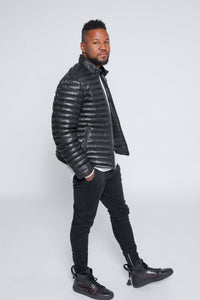 Leather Jacket - Men's Ultima Puffer Black Down Leather Jacket