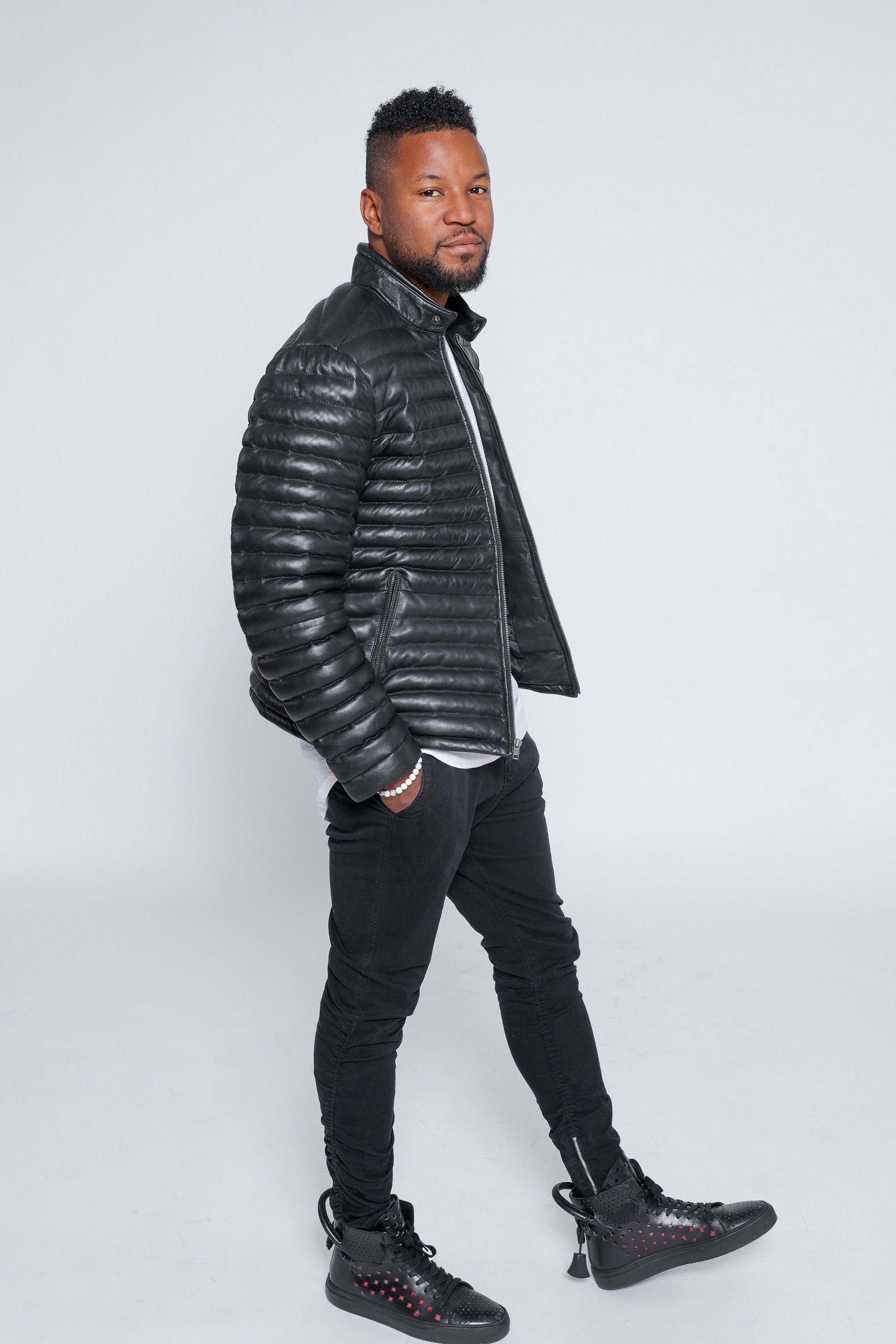 Leather Jacket - Men's Ultima Puffer Black Down Leather Jacket