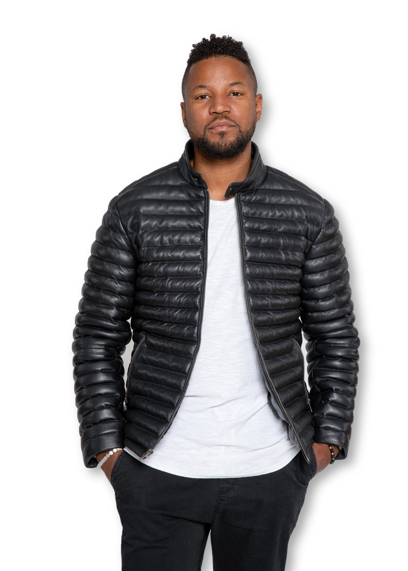 Leather Jacket - Men's Ultima Puffer Black Down Leather Jacket