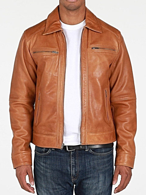 Men's Genuine FAUX Leather Jacket, Brown & Black, Glossy Finish